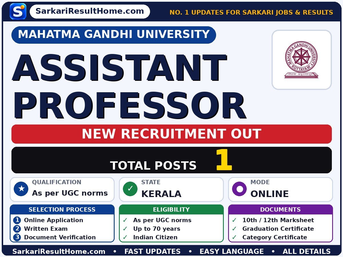 Mahatma Gandhi University Govt Job 2026 for 1 Assistant Professor Post – Download PDF - Mahatma Gandhi University sarkari naukri summary (Total Posts: 1; Last Date: 24 Oct 2026; Qualification: As per UGC norms)