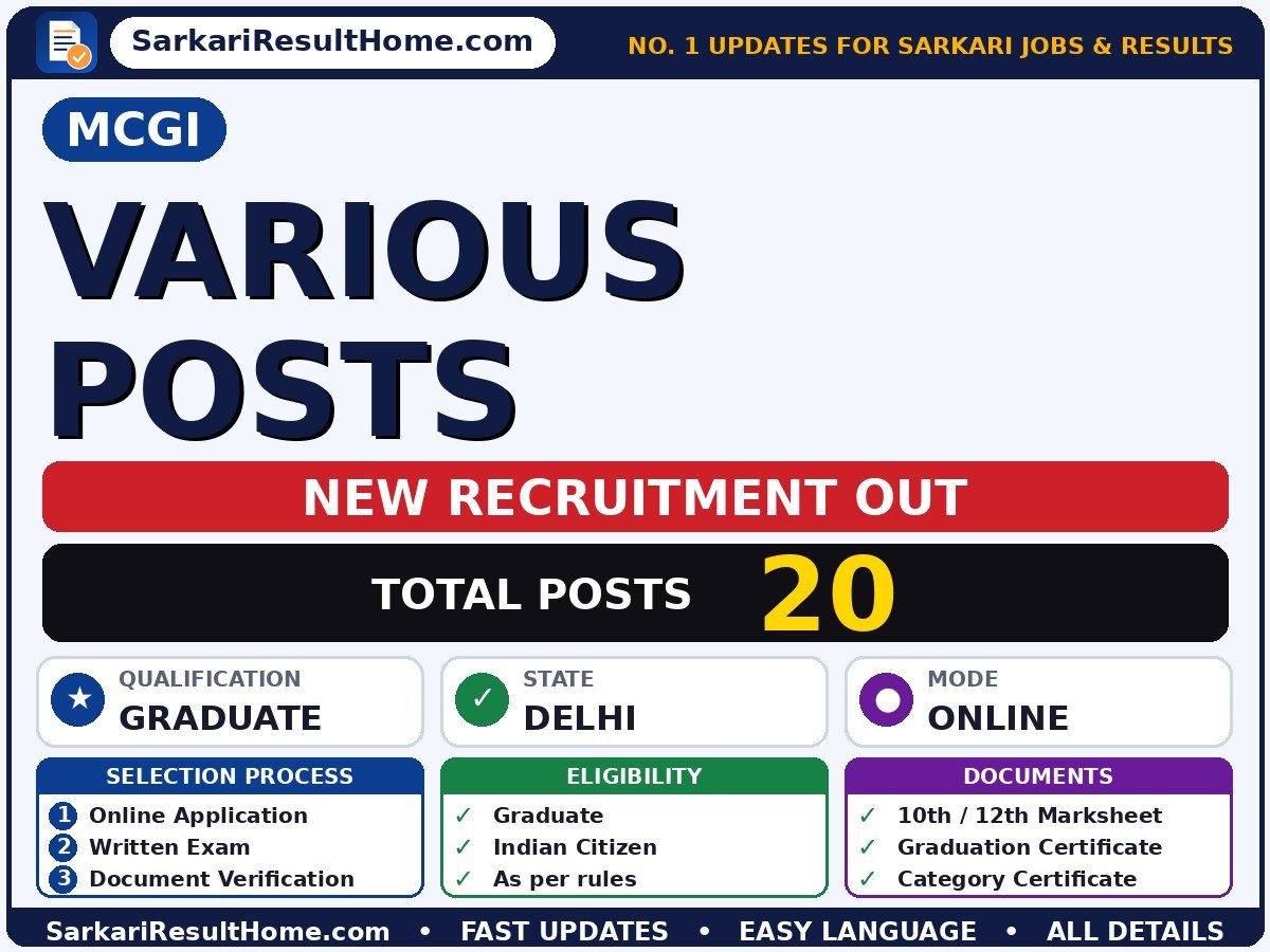 MCGI Govt Job 2026 for 20 Various Posts – Check Out - Ministry of Culture, Government of India sarkari naukri summary (Total Posts: 20; Last Date: 14 Oct 2026; Qualification: Graduate)