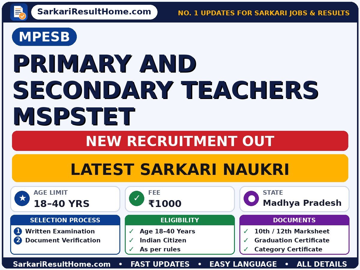 MPESB Government Job 2026 for Primary and Secondary Teachers MSPSTET – Download Now - Madhya Pradesh Employees Selection Board sarkari naukri summary (Last Date: 05 Oct 2026; Age: 18–40 years; Fee: ₹1000)