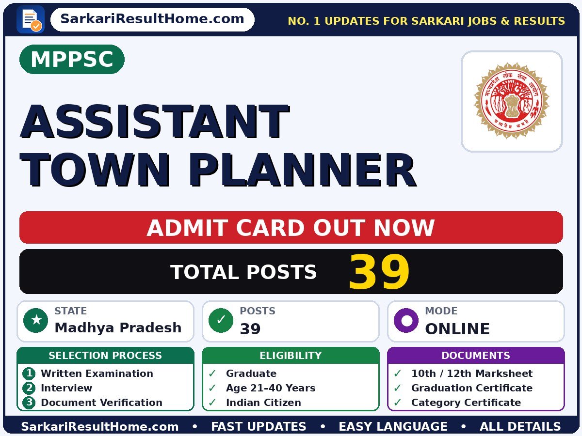 MPPSC Assistant Town Planner Admit Card 2026 – Download Link - Madhya Pradesh Public Service Commission admit card summary (Exam Date: 20 Sep 2026; Admit Card: 10 Sep 2026)