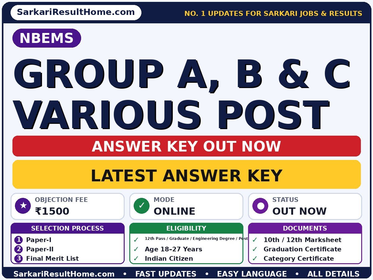 NBEMS Group A, B & C Various Post Answer Key 2026 Released - NBEMS answer key summary (Exam Date: 15 Sep 2026; Objection Fee: ₹1500)