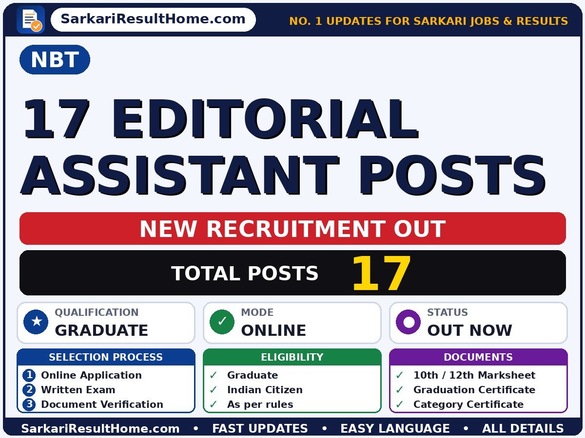 NBT Govt Job 2026 for 17 Editorial Assistant Posts – Check Details - NBT sarkari naukri summary (Total Posts: 17; Last Date: 30 Sep 2026; Qualification: Graduate)