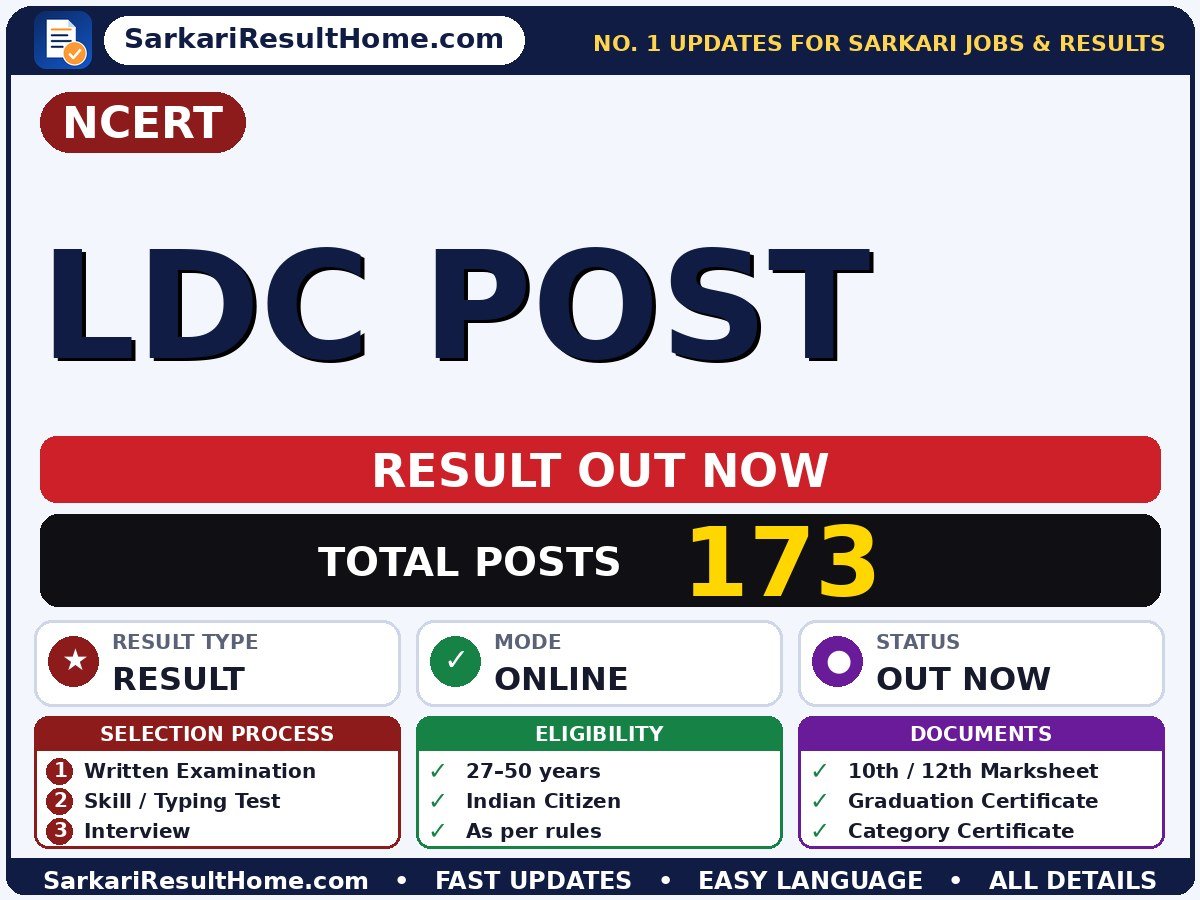 NCERT LDC Post Sarkari Result 2026: Direct Link & Score Card - National Council of Educational Research and Training sarkari result summary (Result Date: 01 Sep 2026; Exam Date: 15 May 2026)