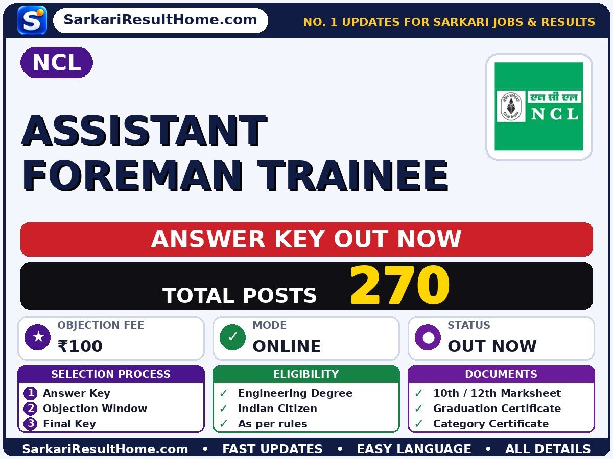 NCL Assistant Foreman Trainee Answer Key 2026 Out – Download PDF - NCL answer key summary (Exam Date: 26 Apr 2026; Objection Fee: ₹100)