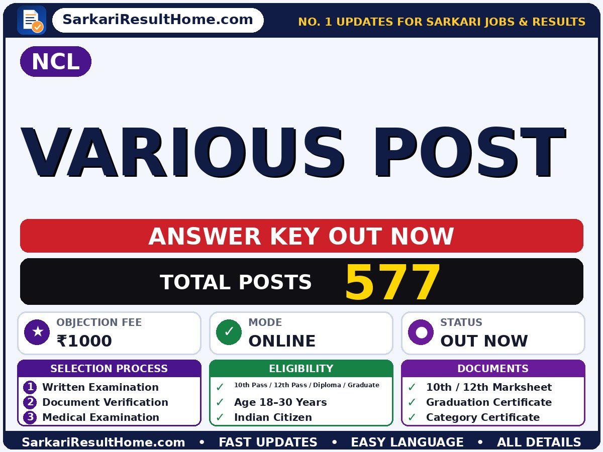NCL Various Post Answer Key 2026 Out – Download PDF - NCL answer key summary (Exam Date: 06 Jul 2026; Objection Fee: ₹1000)