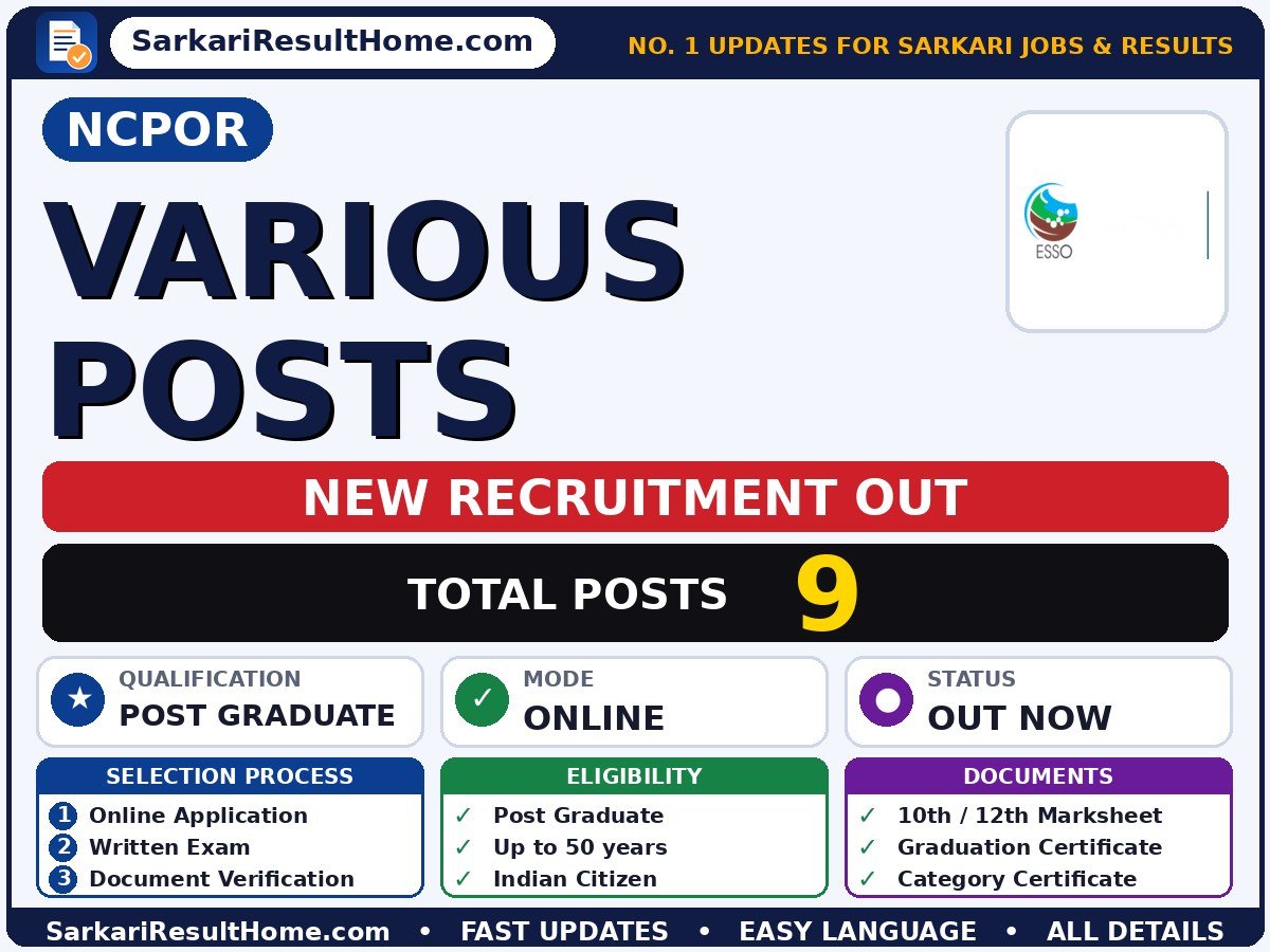 NCPOR Sarkari Naukri 2026 for 9 Various Posts – Check Details - National Centre for Polar & Ocean Research sarkari naukri summary (Total Posts: 9; Last Date: 30 Oct 2026; Qualification: Post Graduate)