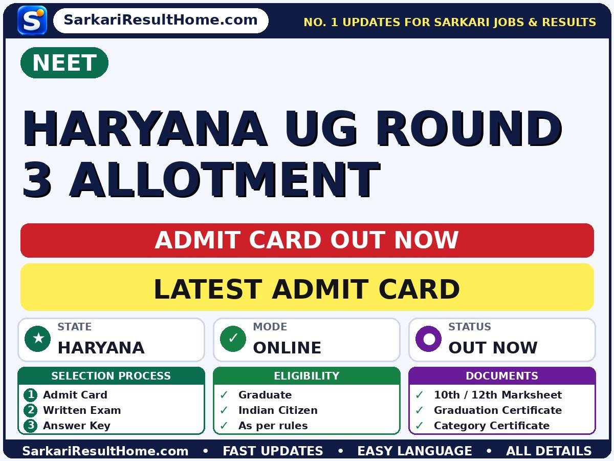 NEET Haryana UG Round 3 Allotment Exam Admit Card 2026 - NEET admit card summary