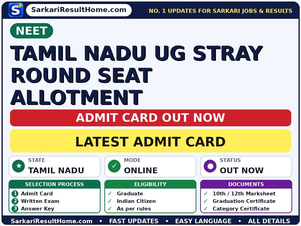 NEET Tamil Nadu UG Stray Round Seat Allotment Admit Card 2026 Out: How to Download - NEET admit card summary