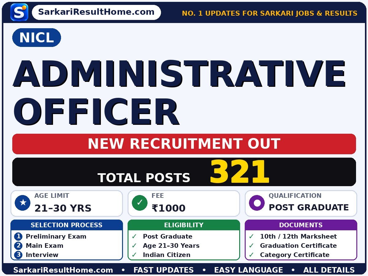 NICL Sarkari Naukri 2026 for 321 Administrative Officer Posts – Check Out - National Insurance Company Limited sarkari naukri summary (Total Posts: 321; Last Date: 28 Oct 2026; Qualification: Post Graduate)
