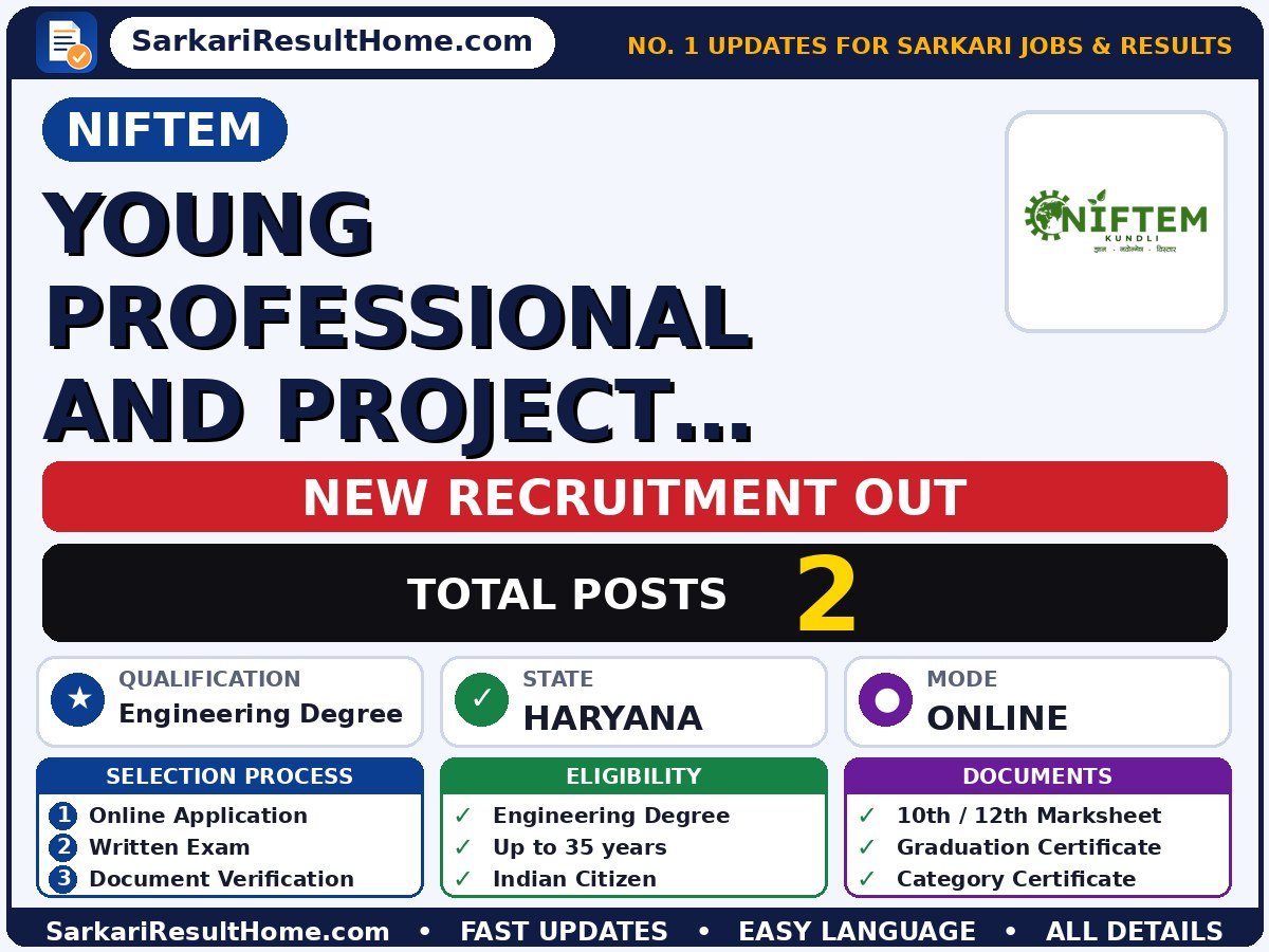 NIFTEM Sarkari Naukri 2026 for 2 Young Professional and Project Fellow – Check Out - National Institute of Food Technology Entrepreneurship and Management sarkari naukri summary (Total Posts: 2; Last Date: 20 Oct 2026; Qualification: Engineering Degree)