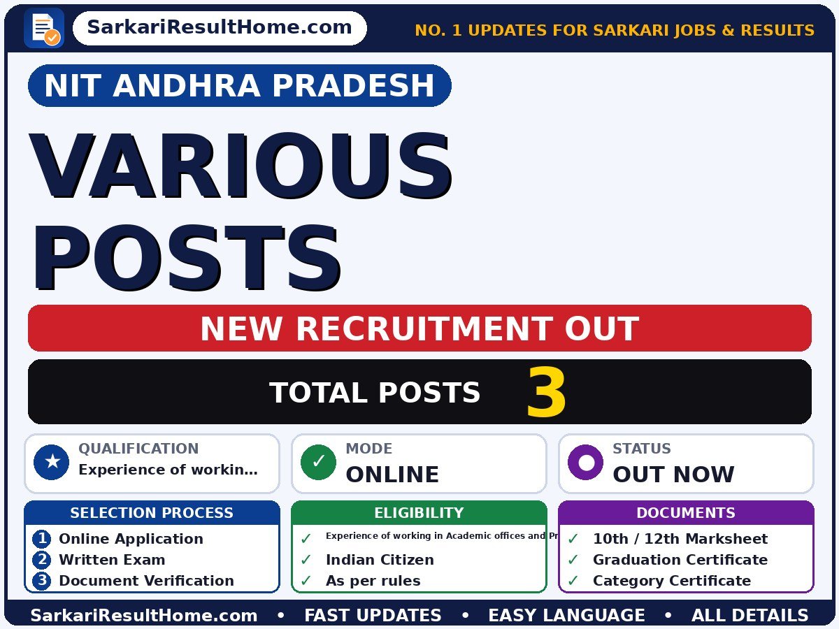 NIT Andhra Pradesh Sarkari Naukri 2026 for 3 Various Posts – Check Out - National Institute of Technology Andhra Pradesh sarkari naukri summary (Total Posts: 3; Last Date: 08 Oct 2026; Qualification: Experience of working in…)