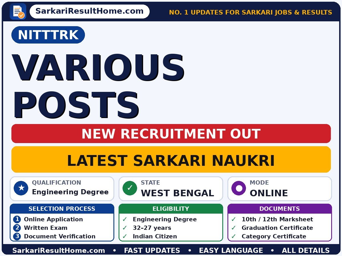 NITTTRK Sarkari Naukri 2026 for Various – Download Now - National Institute of Technical Teachers’ Training and Research, Kolkata sarkari naukri summary (Last Date: 27 Oct 2026; Qualification: Engineering Degree; Age: 32–27 years)