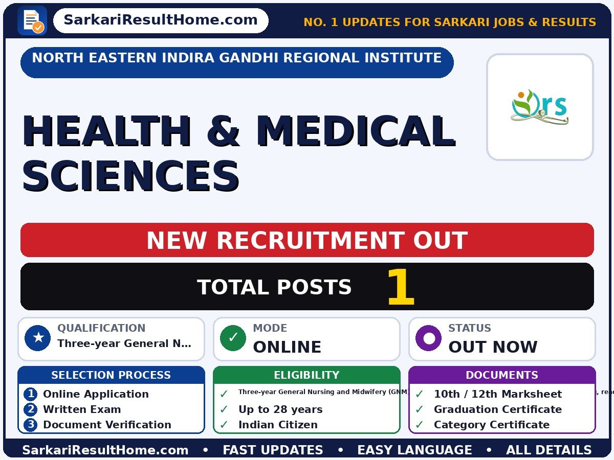 North Eastern Indira Gandhi Regional Institute Sarkari Naukri 2026 for 1 Health and Medical Sciences – Apply Now - North Eastern Indira Gandhi Regional Institute sarkari naukri summary (Total Posts: 1; Last Date: 25 Oct 2026; Qualification: Three-year General Nursi…)