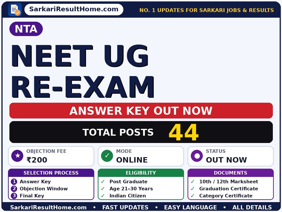 NTA NEET UG Re-Exam Answer Key 2026 Out – Download PDF - National Testing Agency answer key summary (Exam Date: 19 Jun 2026; Objection Fee: ₹200)
