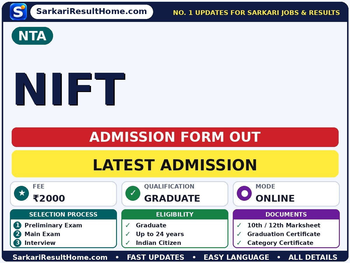 NTA NIFT Admission 2026: Apply Online - National Testing Agency admission summary (Last Date: 16 Nov 2026; Exam Date: 10 Jan 2027; Fee: ₹2000)