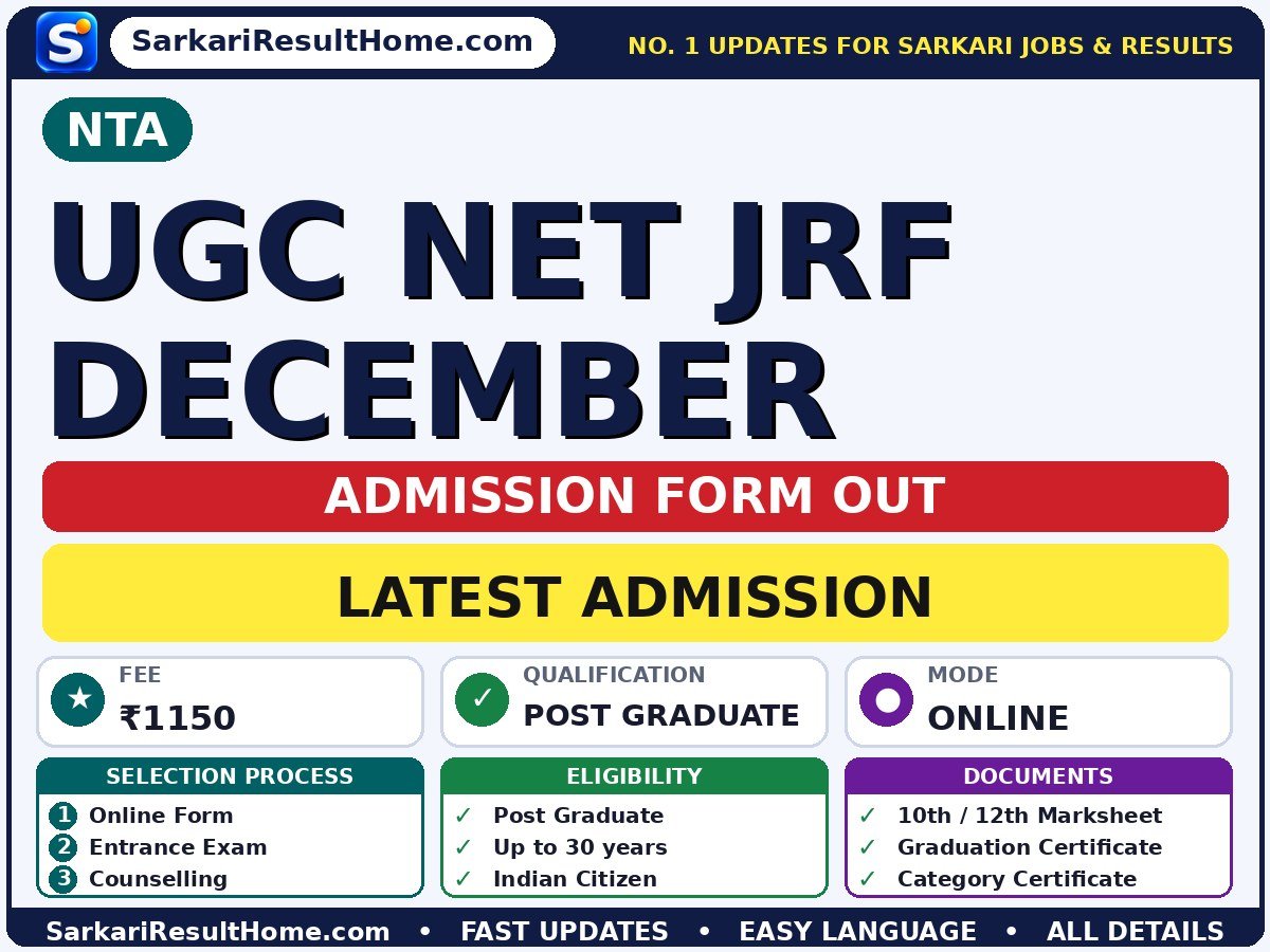NTA UGC NET JRF December Admission 2026: Apply Online - National Testing Agency admission summary (Last Date: 28 Nov 2026; Exam Date: 21 Dec 2026; Fee: ₹1150)