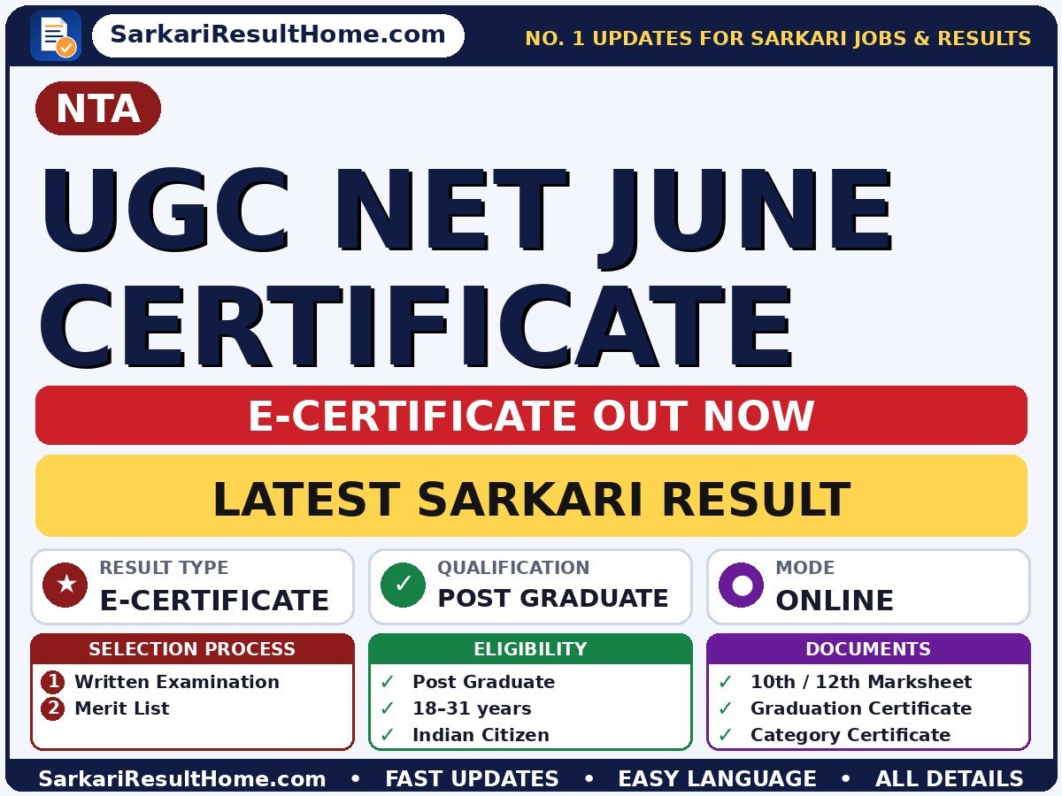 NTA UGC NET June Certificate E-Certificate 2026: Sarkari Result, Check Now - National Testing Agency sarkari result summary (Result Date: 18 Sep 2026; Exam Date: 22 Jun 2026)