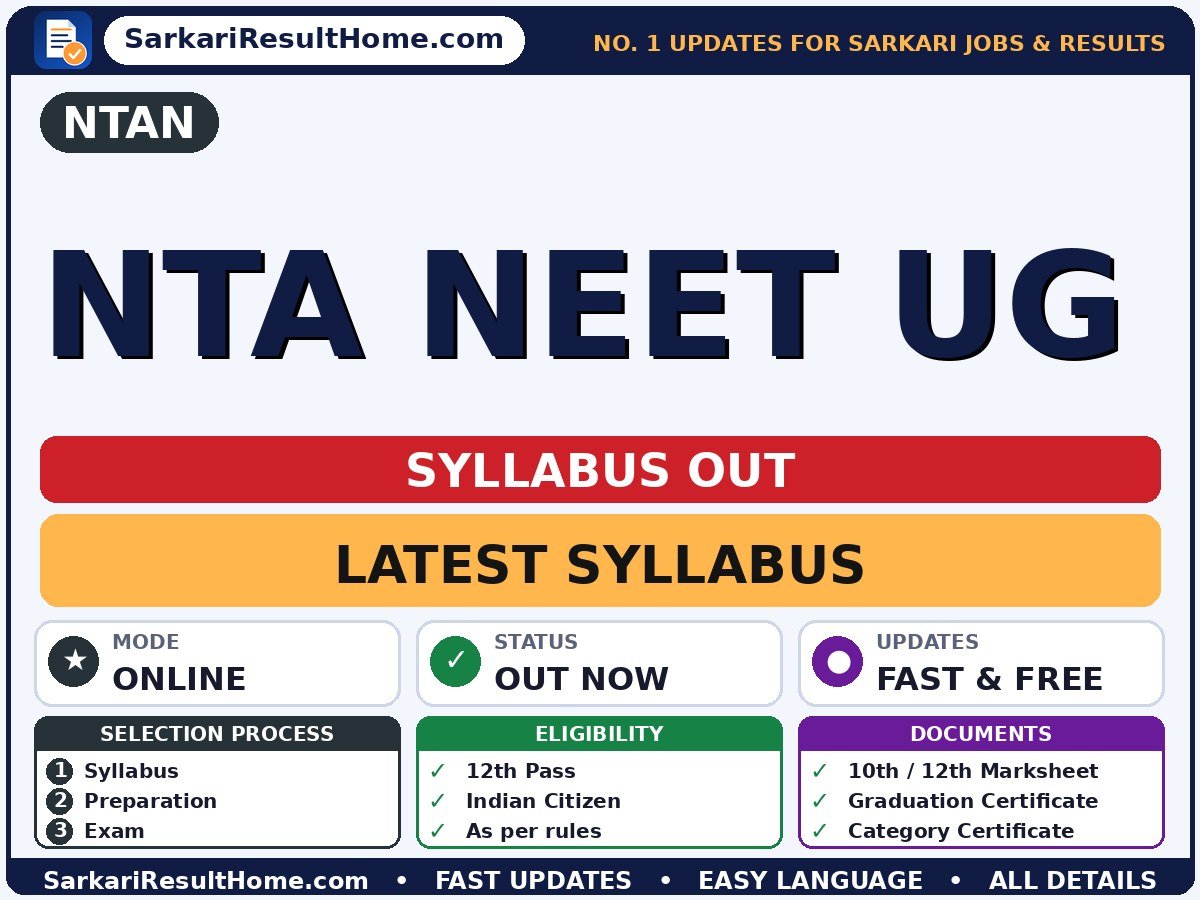 NTAN NTA NEET UG Syllabus 2026 & Exam Pattern - National Testing Agency syllabus summary (Exam Date: 03 May 2026)