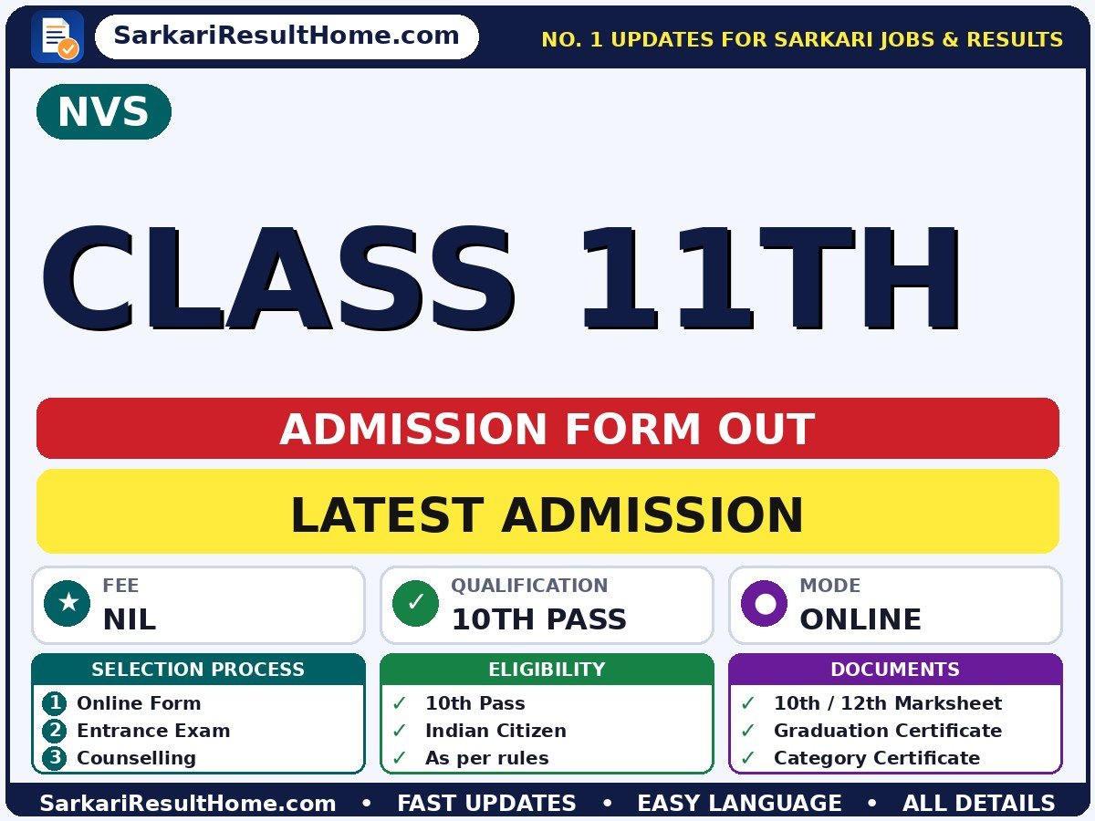 NVS Class 11th Admission Form 2026 - Navodaya Vidyalaya Samiti admission summary (Last Date: 15 Oct 2026; Exam Date: 10 Apr 2027; Fee: Nil)