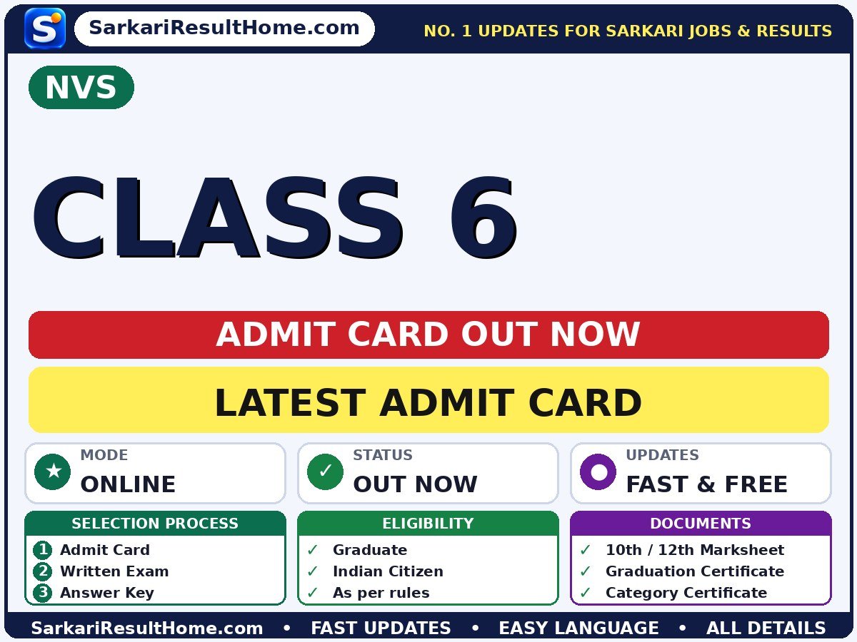 NVS Class 6 Exam Admit Card 2026 - Navodaya Vidyalaya Samiti admit card summary (Exam Date: 28 Nov 2026; Admit Card: 28 Oct 2026)