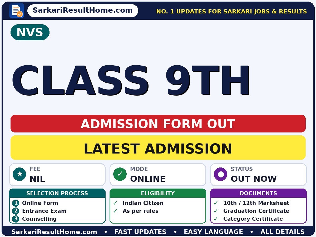 NVS Class 9th Admission 2026 – Dates & Fee - Navodaya Vidyalaya Samiti admission summary (Last Date: 15 Oct 2026; Exam Date: 10 Apr 2027; Fee: Nil)