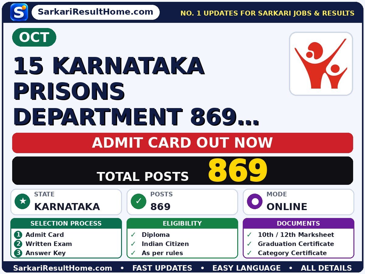 OCT 15 Karnataka Prisons Department 869 Jailor, Warder Admit Card 2026 – Download Link - OCT admit card summary