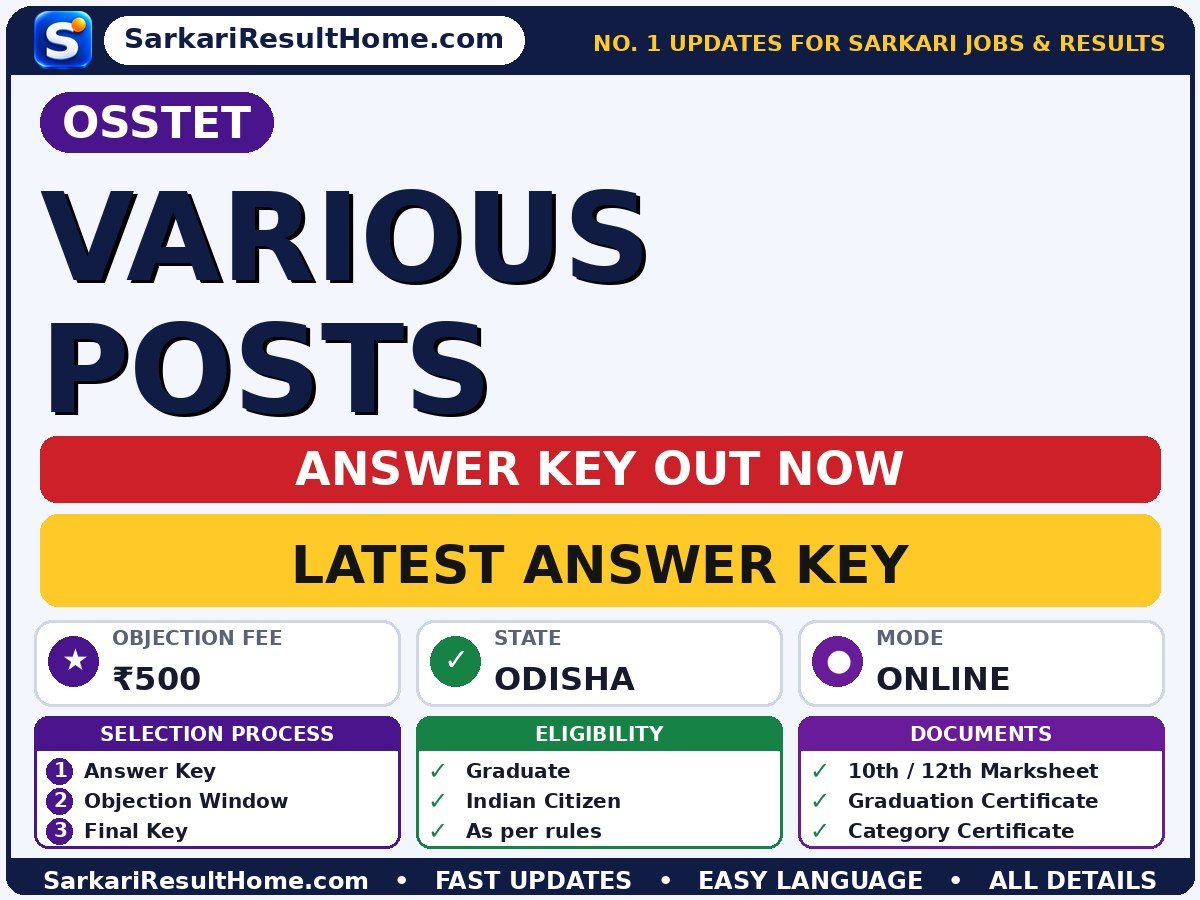 OSSTET Various Posts Answer Key 2026 Out – Download PDF - OSSTET answer key summary (Exam Date: 30 Sep 2026; Objection Fee: ₹500)