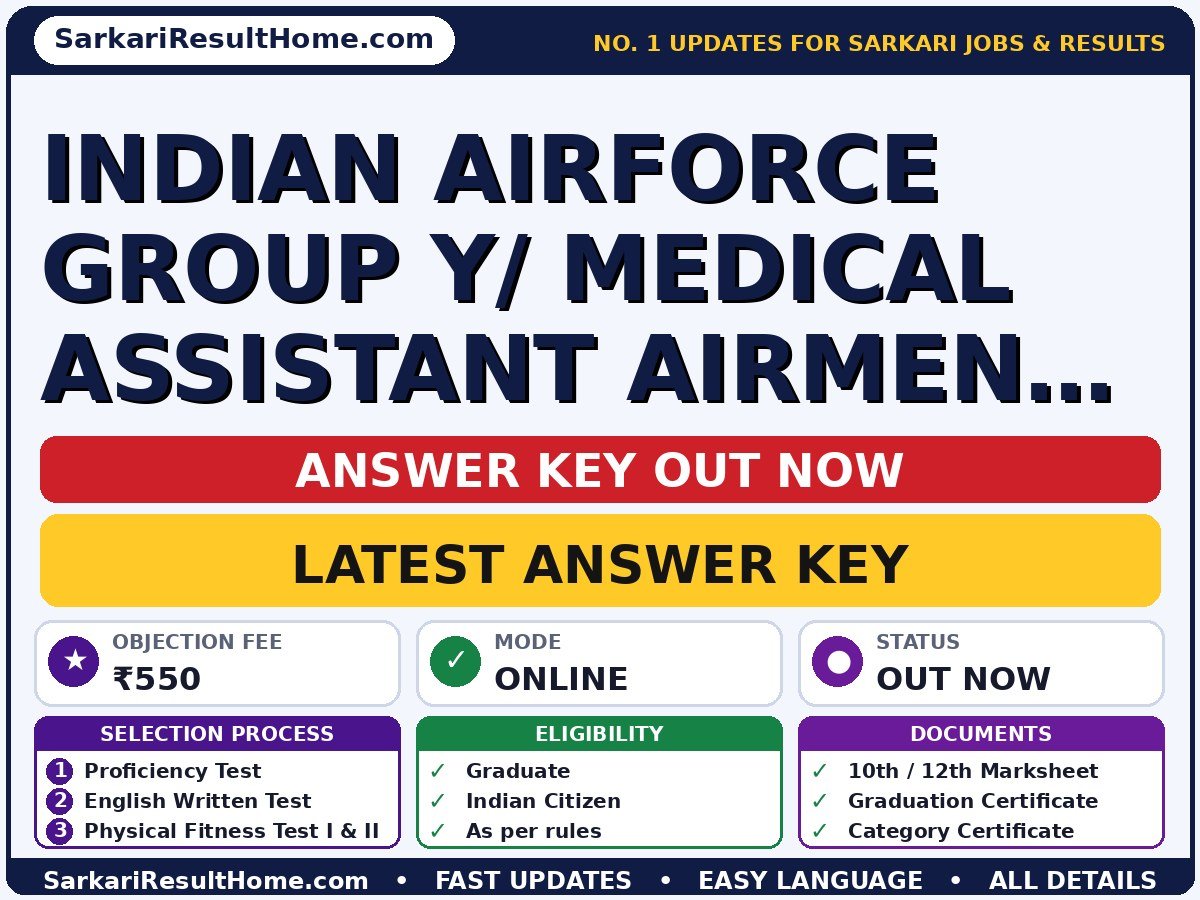 Indian Airforce Group Y/ Medical Assistant Airmen Intake 02 Answer Key 2026: Check Here - answer key summary (Exam Date: 22 Sep 2026; Objection Fee: ₹550)