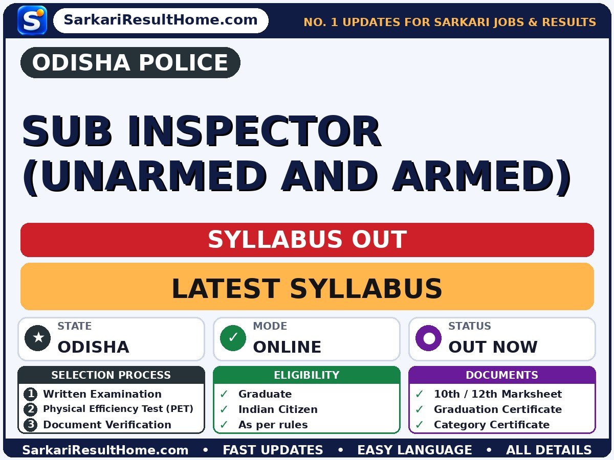 Odisha Police Sub Inspector (Unarmed and Armed) Syllabus 2026 - official portal syllabus summary (Selection: Written Examination → Physical Efficiency Test (PET) → Document Verification)