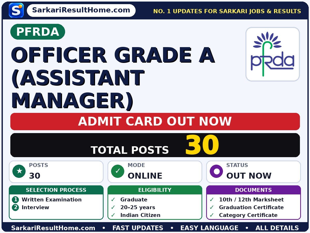 PFRDA Officer Grade A (Assistant Manager) Admit Card 2026 – Download Link - PFRDA admit card summary (Exam Date: 15 Oct 2026; Admit Card: 08 Oct 2026)