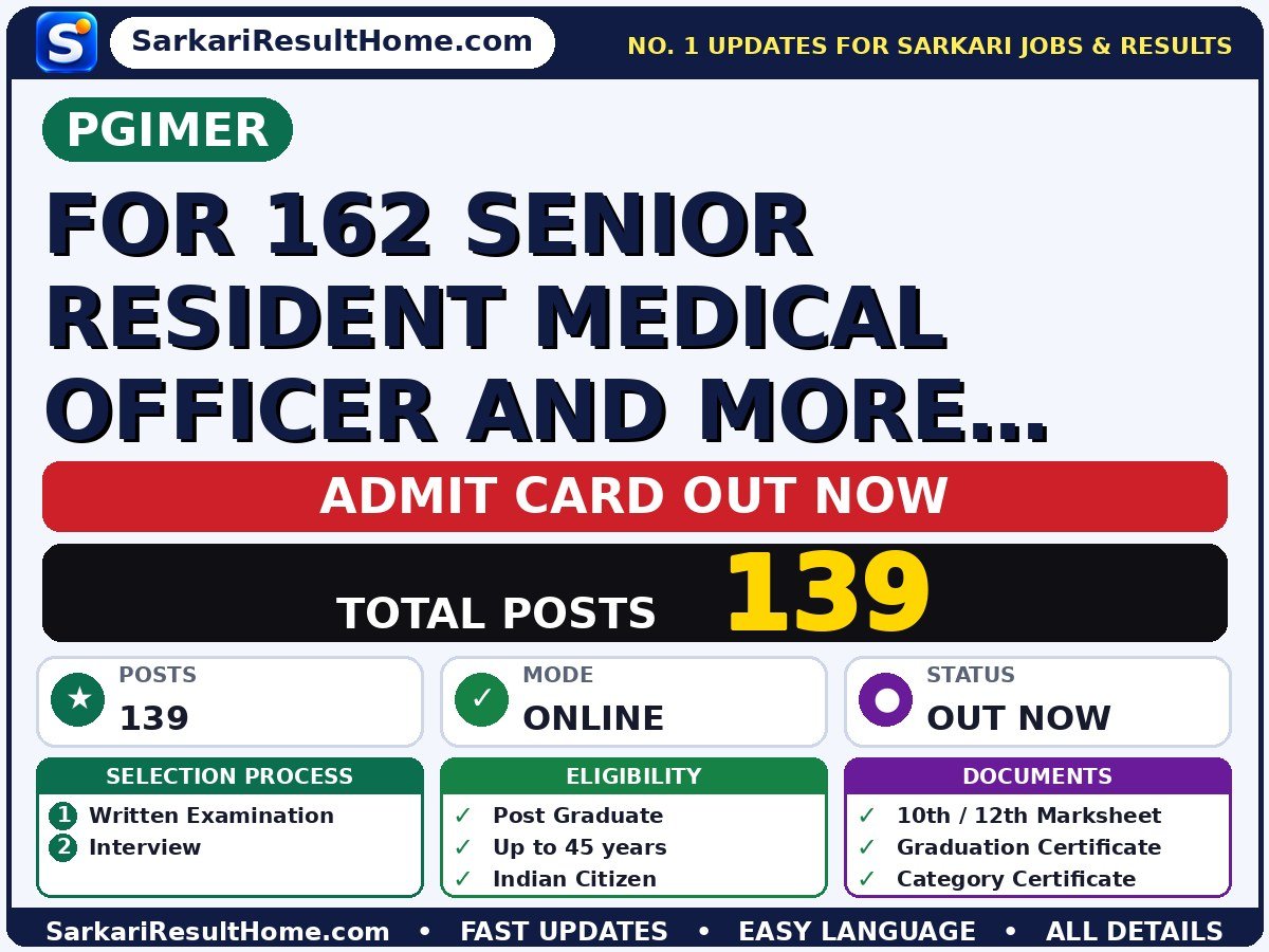 PGIMER For 162 Senior Resident Medical Officer And More 3074458 Exam Admit Card 2026 - Post Graduate Institute of Medical Education and Research admit card summary (Admit Card: 30 Nov 2026)