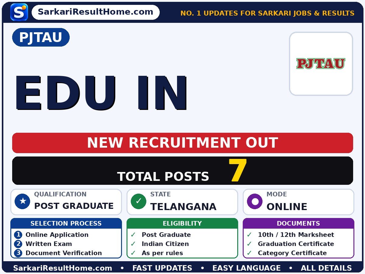 PJTAU Govt Job 2026 for 7 EDU In Posts – Download PDF - Professor Jayashankar Telangana Agricultural University sarkari naukri summary (Total Posts: 7; Last Date: 11 May 2026; Qualification: Post Graduate)