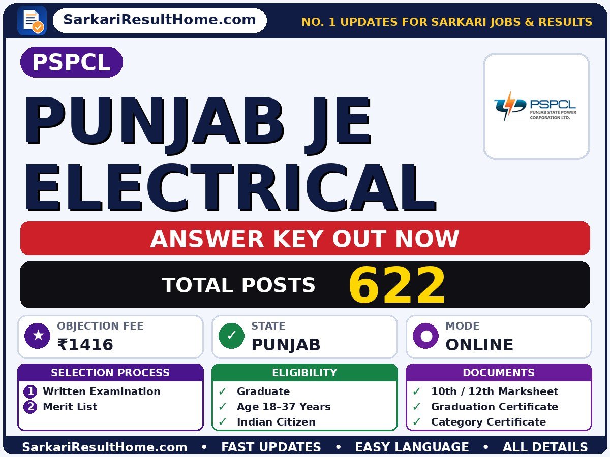 PSPCL Punjab JE Electrical Answer Key 2026 Out – Download PDF - PSPCL answer key summary (Exam Date: 31 Jul 2026; Objection Fee: ₹1416)