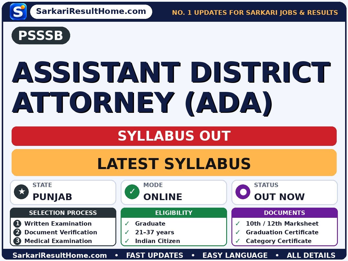 PSSSB Assistant District Attorney (ADA) Syllabus 2026 - Punjab Subordinate Services Selection Board syllabus summary (Selection: Written Examination → Document Verification → Medical Examination)