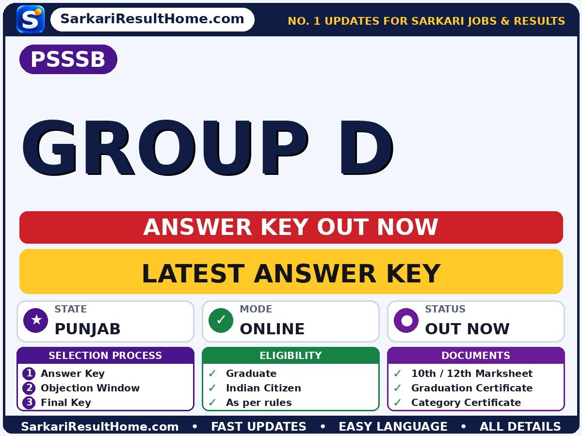 PSSSB Group D Answer Key 2026: Check Here - Punjab Subordinate Services Selection Board answer key summary (Exam Date: 25 Oct 2026)
