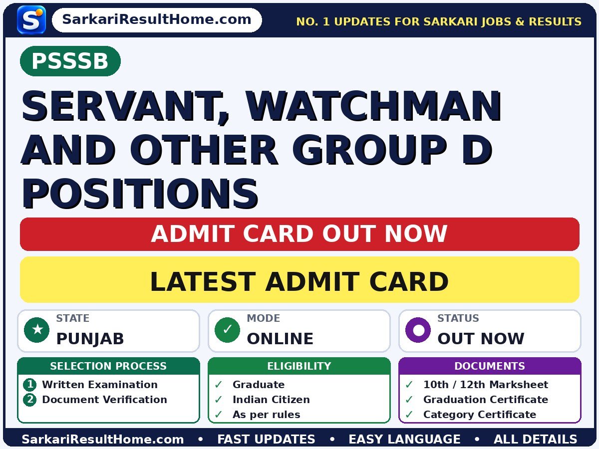 PSSSB Servant, Watchman and Other Group D Positions Exam Admit Card 2026 - Punjab Subordinate Services Selection Board admit card summary (Exam Date: 25 Oct 2026; Admit Card: 22 Oct 2026)