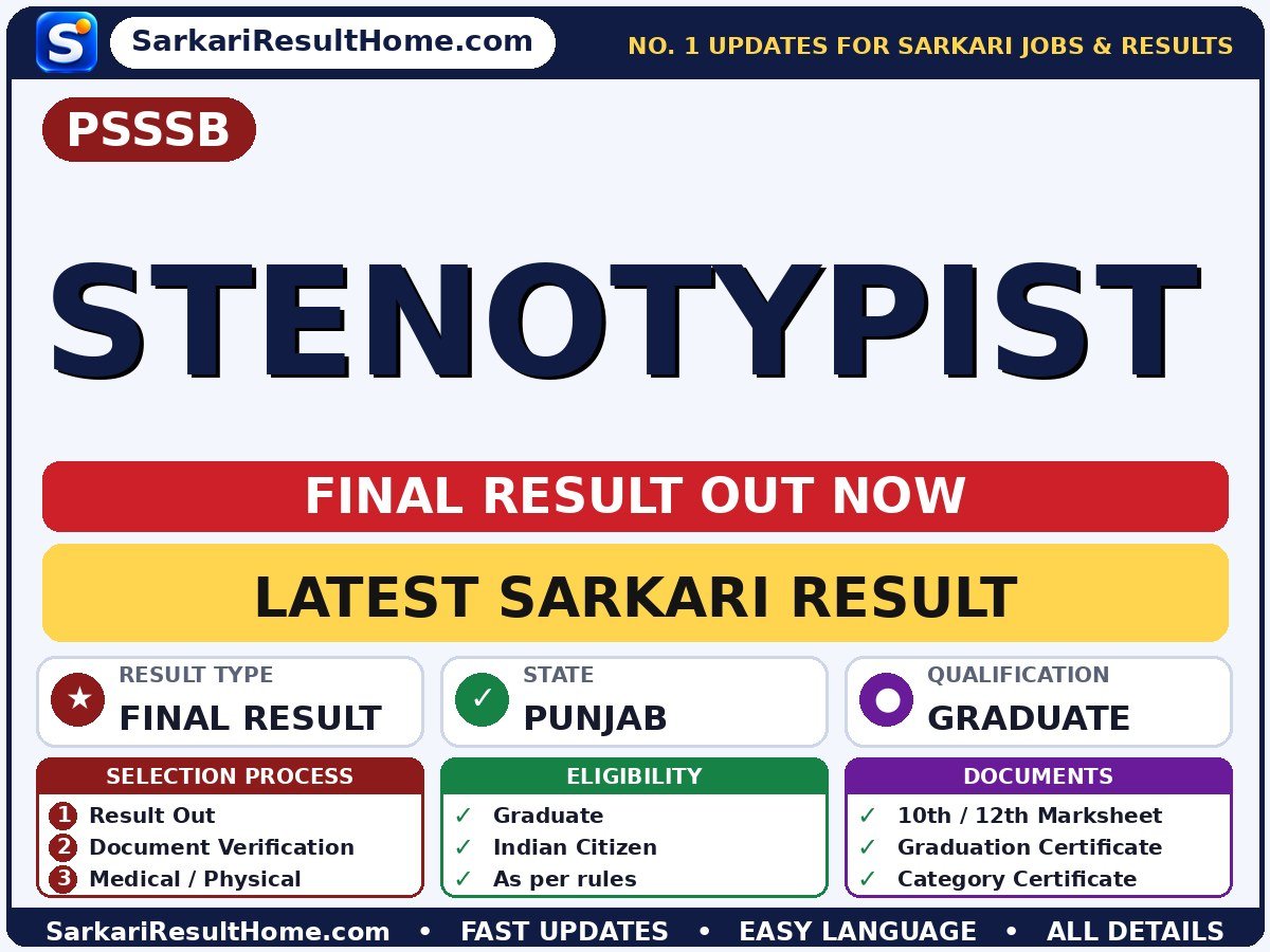 PSSSB Stenotypist Final Result 2026 Declared – Sarkari Result - Punjab Subordinate Services Selection Board sarkari result summary (Result Date: 21 Oct 2026; Exam Date: 28 Jun 2026)