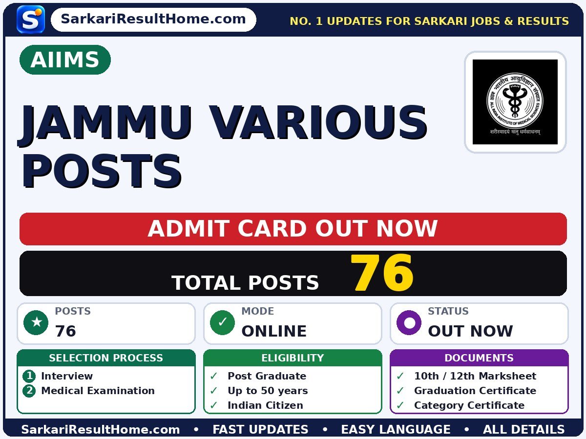 AIIMS Jammu Various Posts Exam Admit Card 2026 - All India Institute of Medical Sciences admit card summary