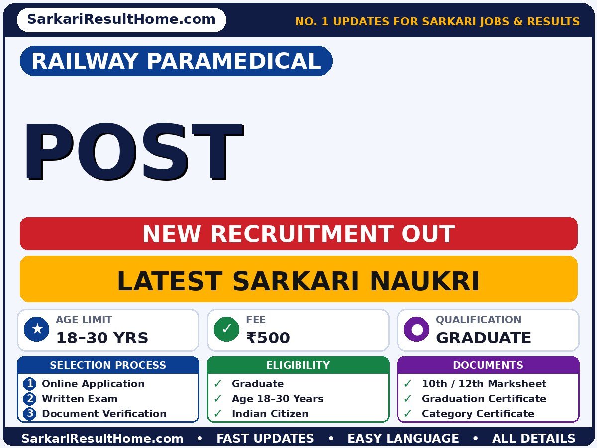 Railway Paramedical Post Sarkari Naukri 2026 – Notification Out - Railway Paramedical sarkari naukri summary (Last Date: 14 Oct 2026; Qualification: Graduate; Age: 18–30 years)