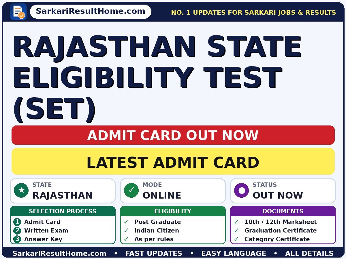 Rajasthan State Eligibility Test (SET) Admit Card 2026 – Download Link -  admit card summary (Exam Date: 13 Sep 2026; Admit Card: 07 Sep 2026)