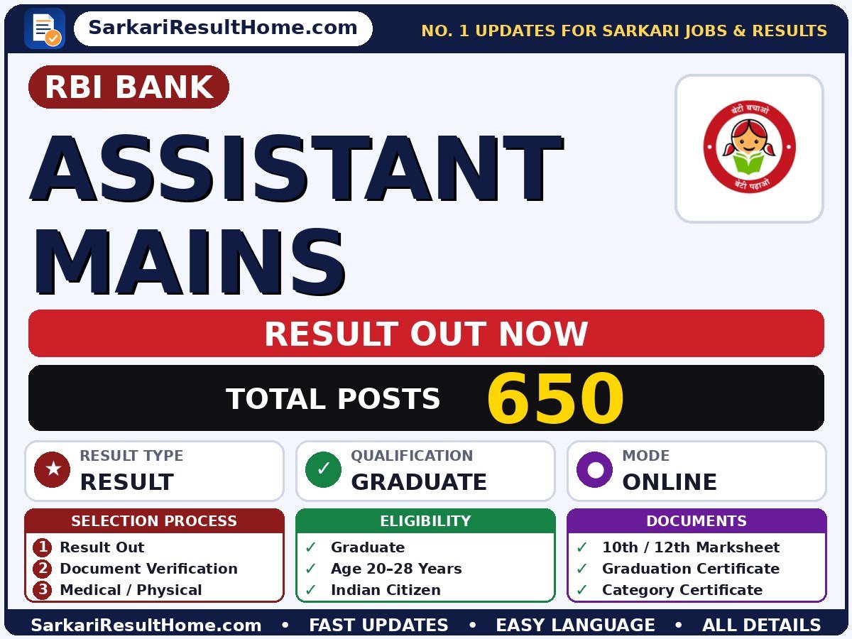 RBI Bank Assistant Mains Sarkari Result 2026 Out – Check Here - RBI Bank sarkari result summary (Result Date: 24 Sep 2026; Exam Date: 07 Jun 2026)