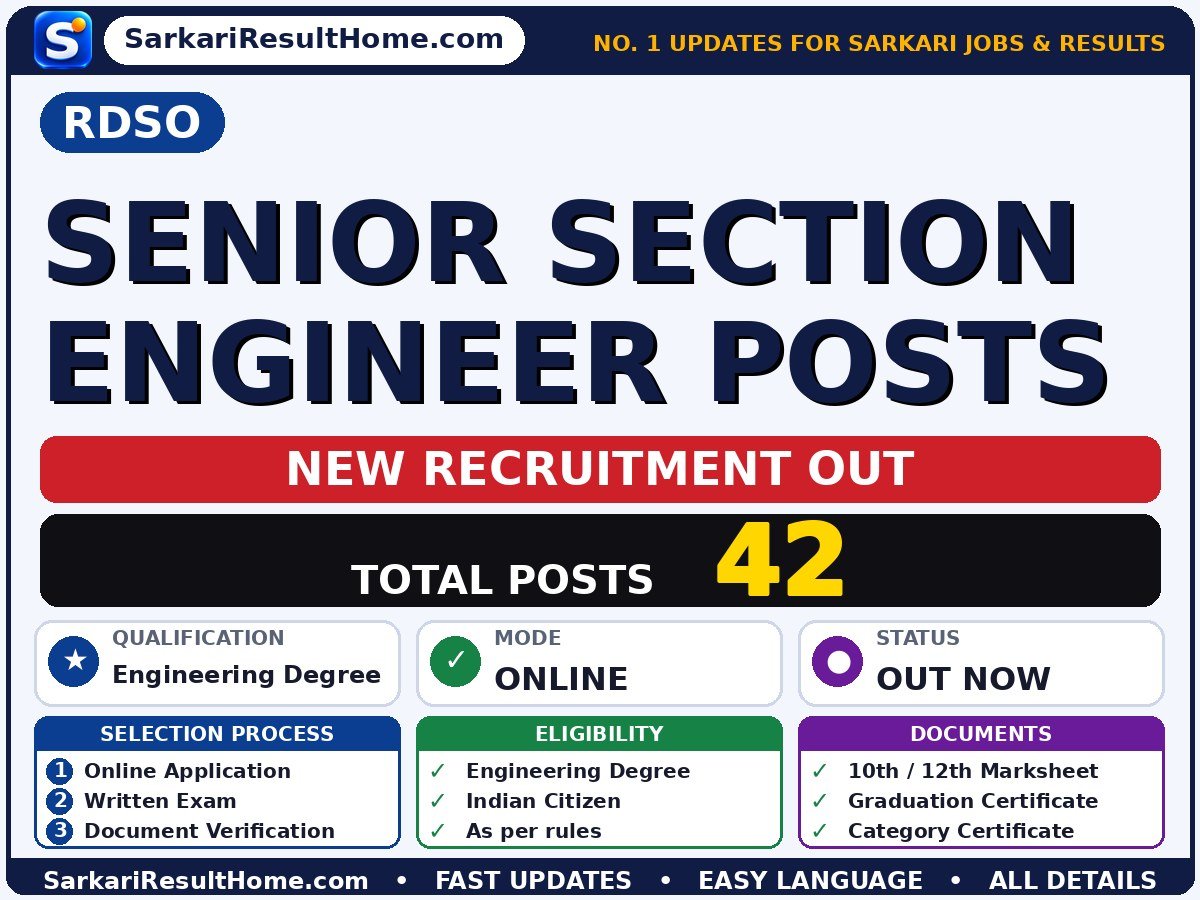 RDSO Govt Job 2026 for 42 Senior Section Engineer Posts – Apply Now - RDSO sarkari naukri summary (Total Posts: 42; Last Date: 09 Nov 2026; Qualification: Engineering Degree)