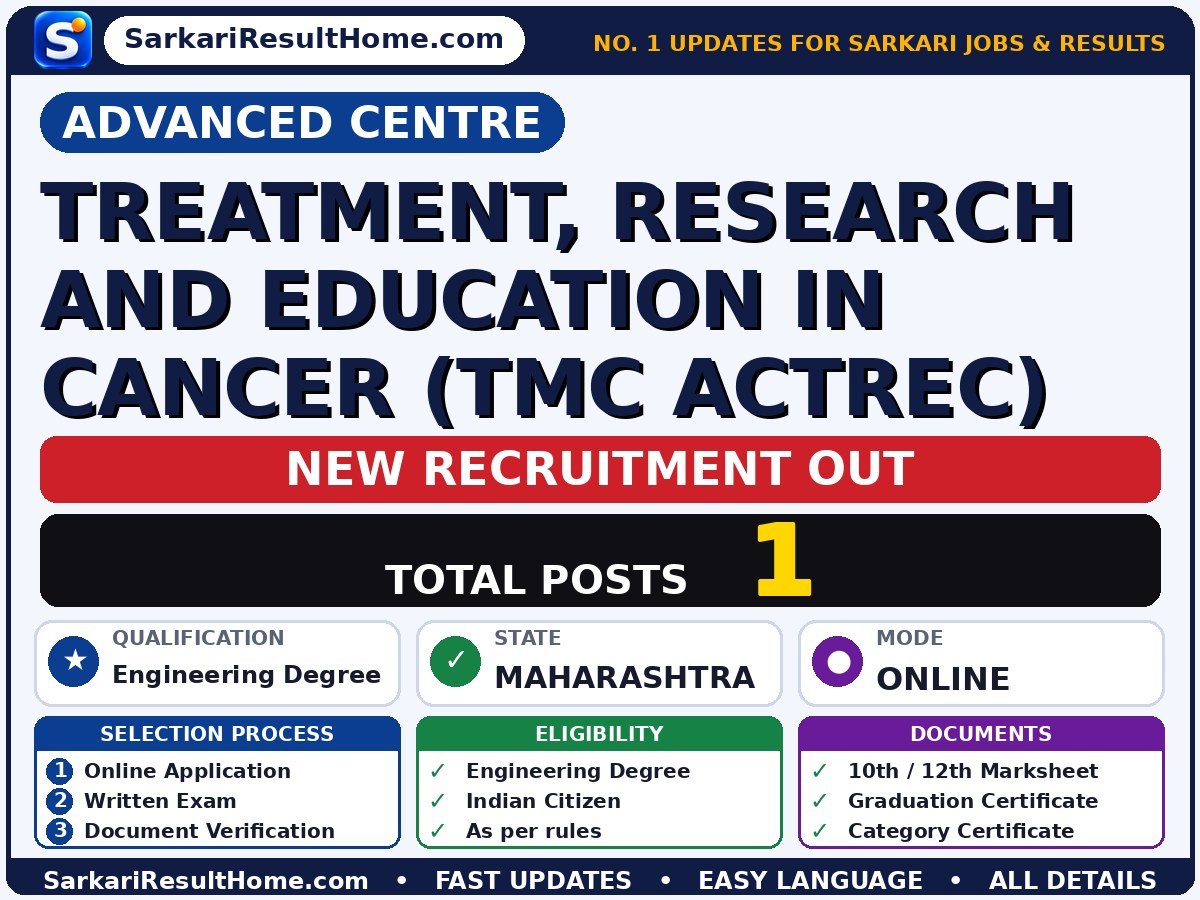 Advanced Centre Sarkari Naukri 2026 for 1 Treatment, Research and Others – Check Out - Advanced Centre sarkari naukri summary (Total Posts: 1; Last Date: 30 Oct 2026; Qualification: Engineering Degree)