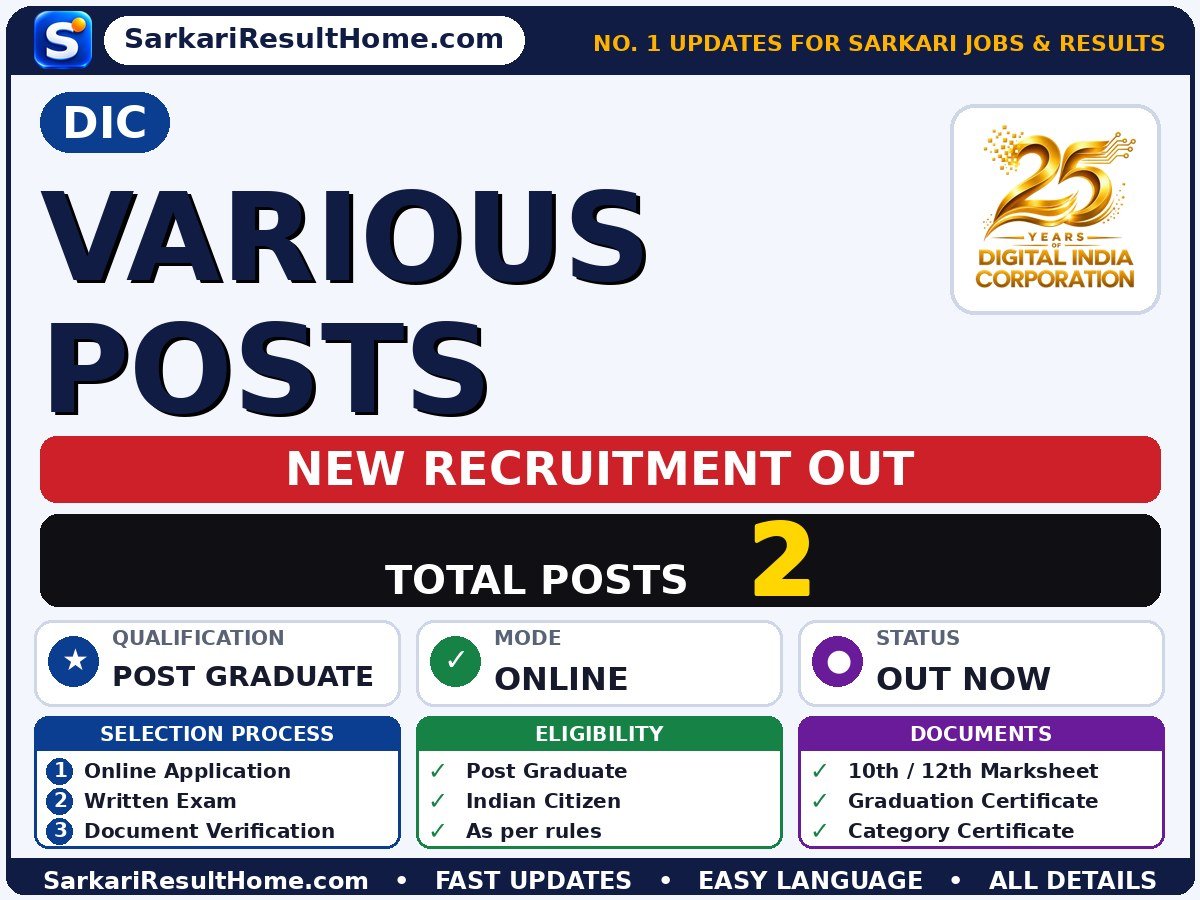 DIC Govt Job 2026 for 2 Various Posts – Direct Link - Digital India Corporation sarkari naukri summary (Total Posts: 2; Last Date: 03 Nov 2026; Qualification: Post Graduate)