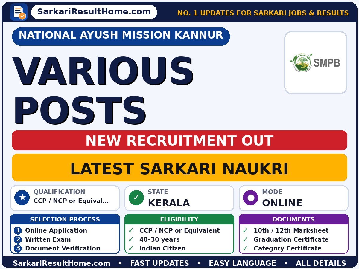 National Ayush Mission Kannur Recruitment 2026 for Various – Check Details - National Ayush Mission Kannur sarkari naukri summary (Last Date: 12 Oct 2026; Qualification: CCP / NCP or Equivalent; Age: 40–30 years)