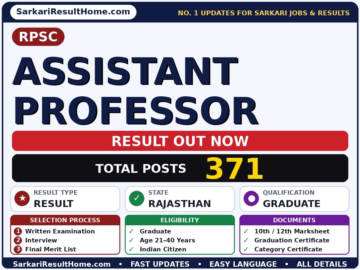 RPSC Assistant Professor Sarkari Result 2026 Out – Check Here - Rajasthan Public Service Commission sarkari result summary (Result Date: 23 Sep 2026; Exam Date: 07 Dec 2025)