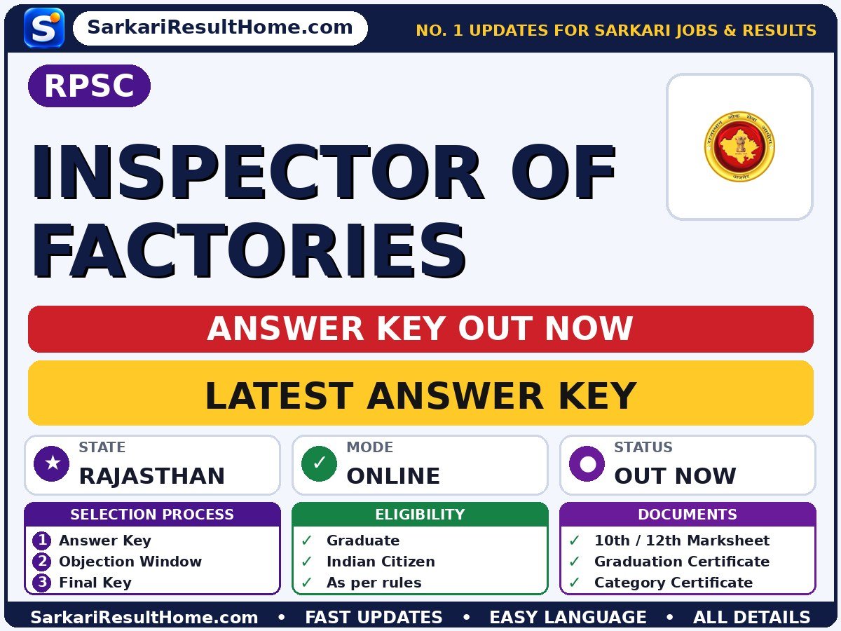 RPSC Inspector of Factories Answer Key 2026: Check Here - Rajasthan Public Service Commission answer key summary