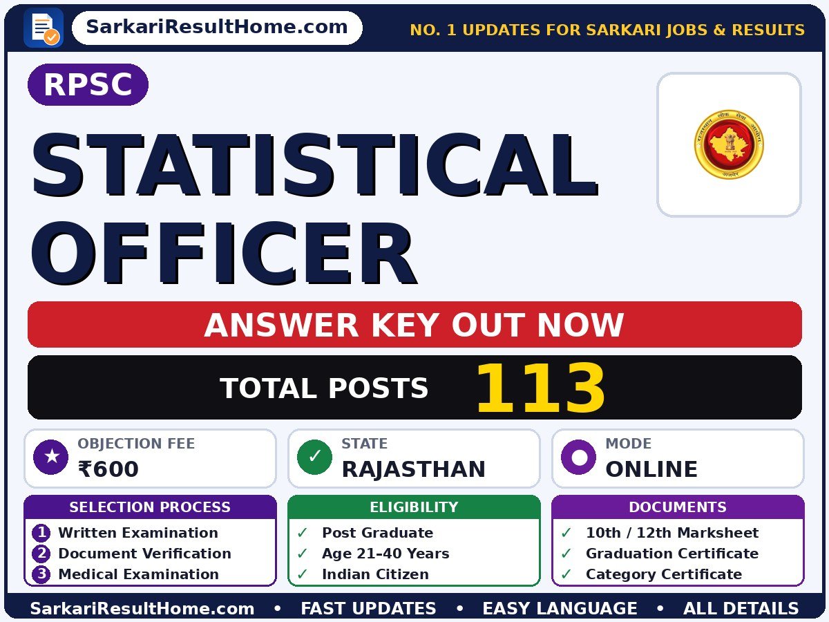 RPSC Statistical Officer Answer Key 2026 Out – Download PDF - Rajasthan Public Service Commission answer key summary (Exam Date: 30 Aug 2026; Objection Fee: ₹600)