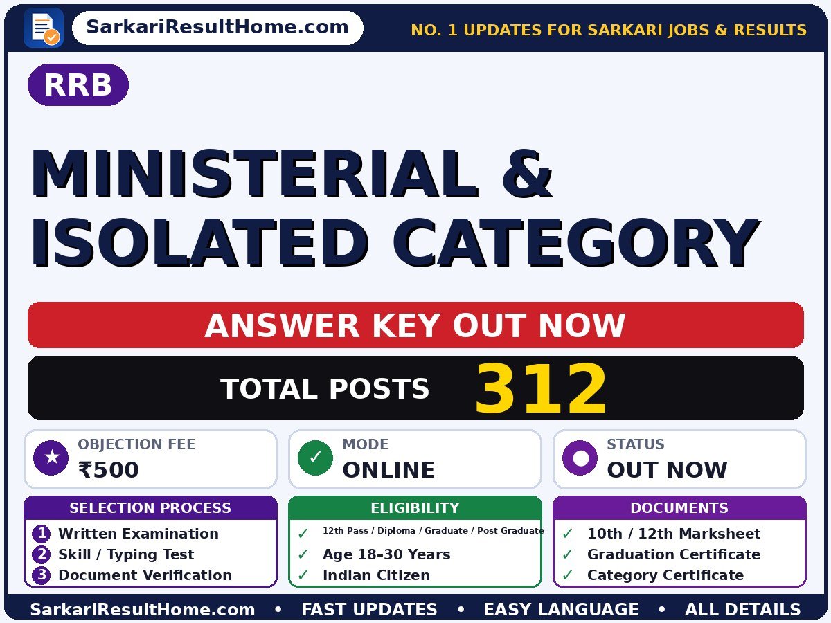 RRB Ministerial & Isolated Category Answer Key 2026: Check Here - Railway Recruitment Board answer key summary (Exam Date: 14 Jul 2026; Objection Fee: ₹500)