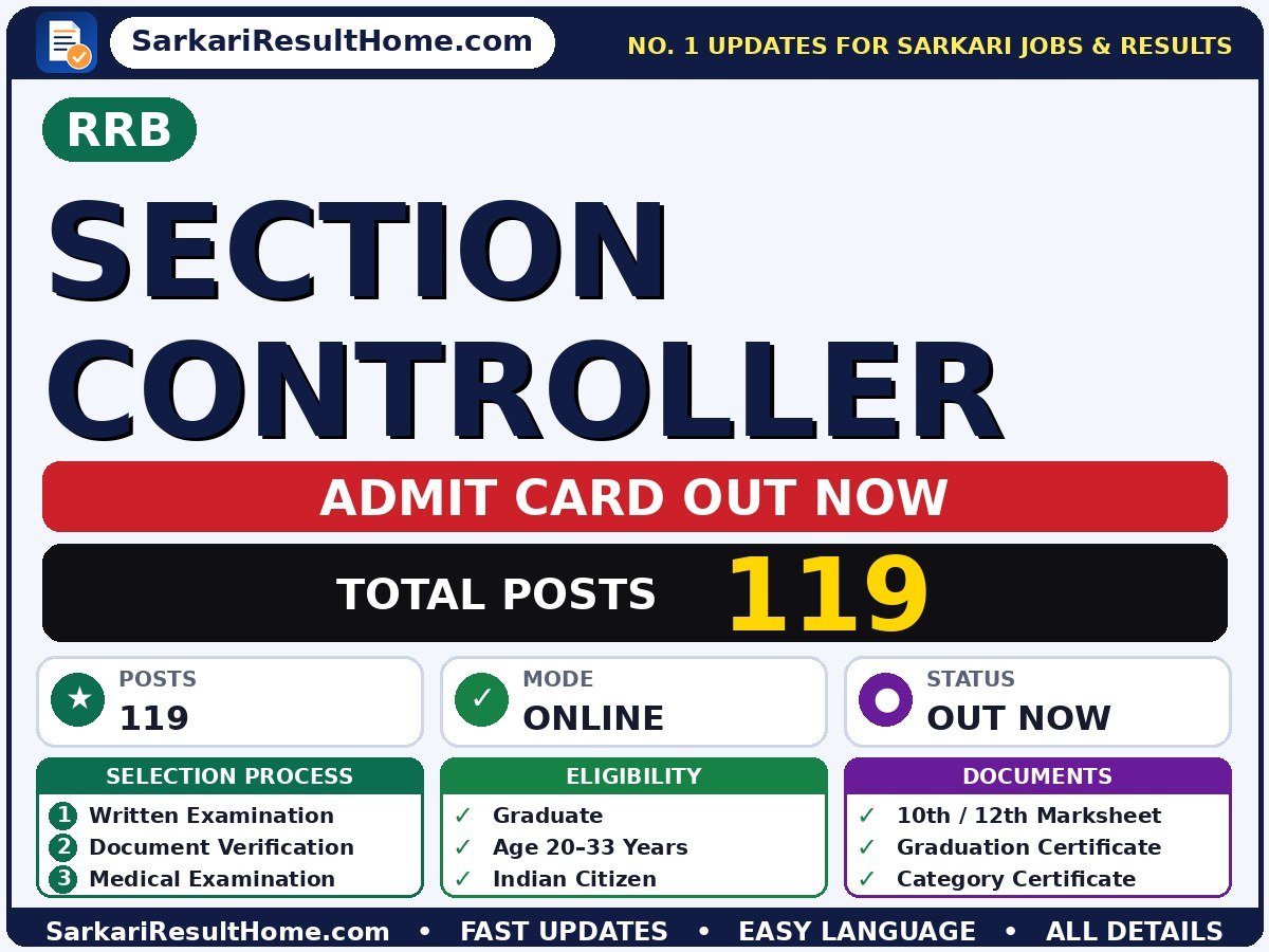 RRB Section Controller Admit Card 2026 Out: How to Download - Railway Recruitment Board admit card summary (Exam Date: 12 Oct 2026; Admit Card: 08 Oct 2026)